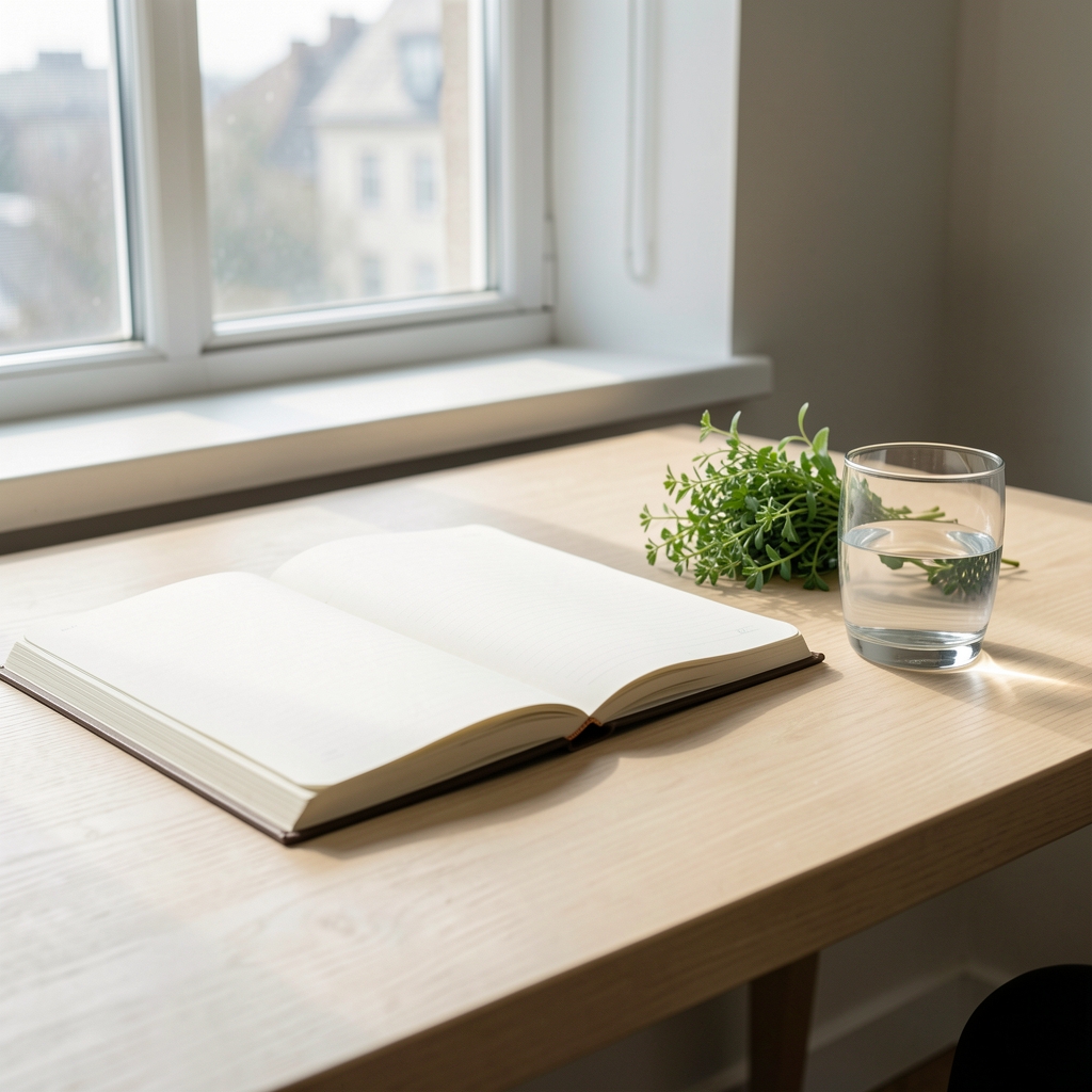 Editorial workspace with open notebook, a glass of water, and a small bunch of fresh herbs on a pale wooden desk under window light