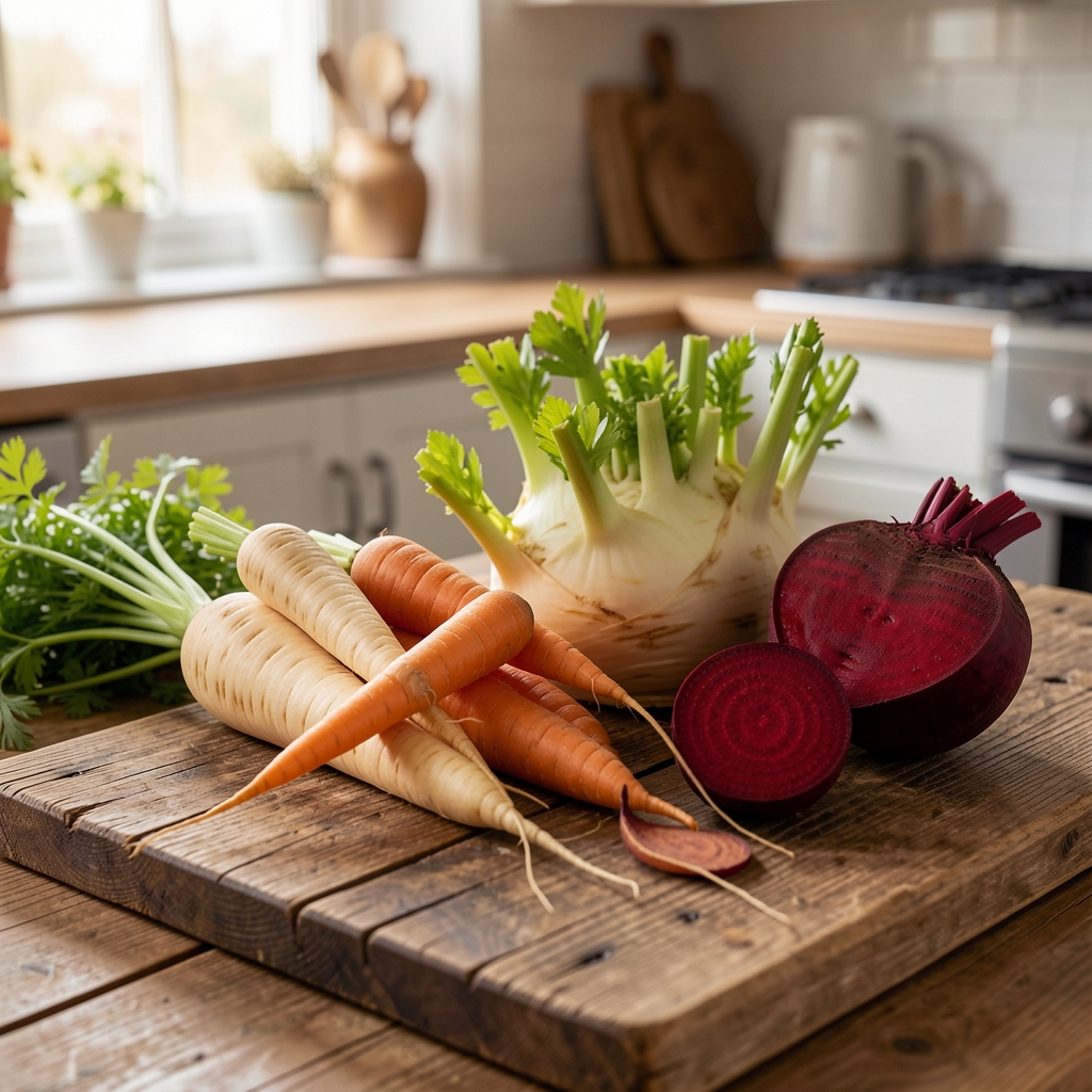 Freshly harvested autumn root vegetables — parsnips, carrots, celeriac and beetroot — arranged on aged wooden boards in a kitchen, under soft natural light