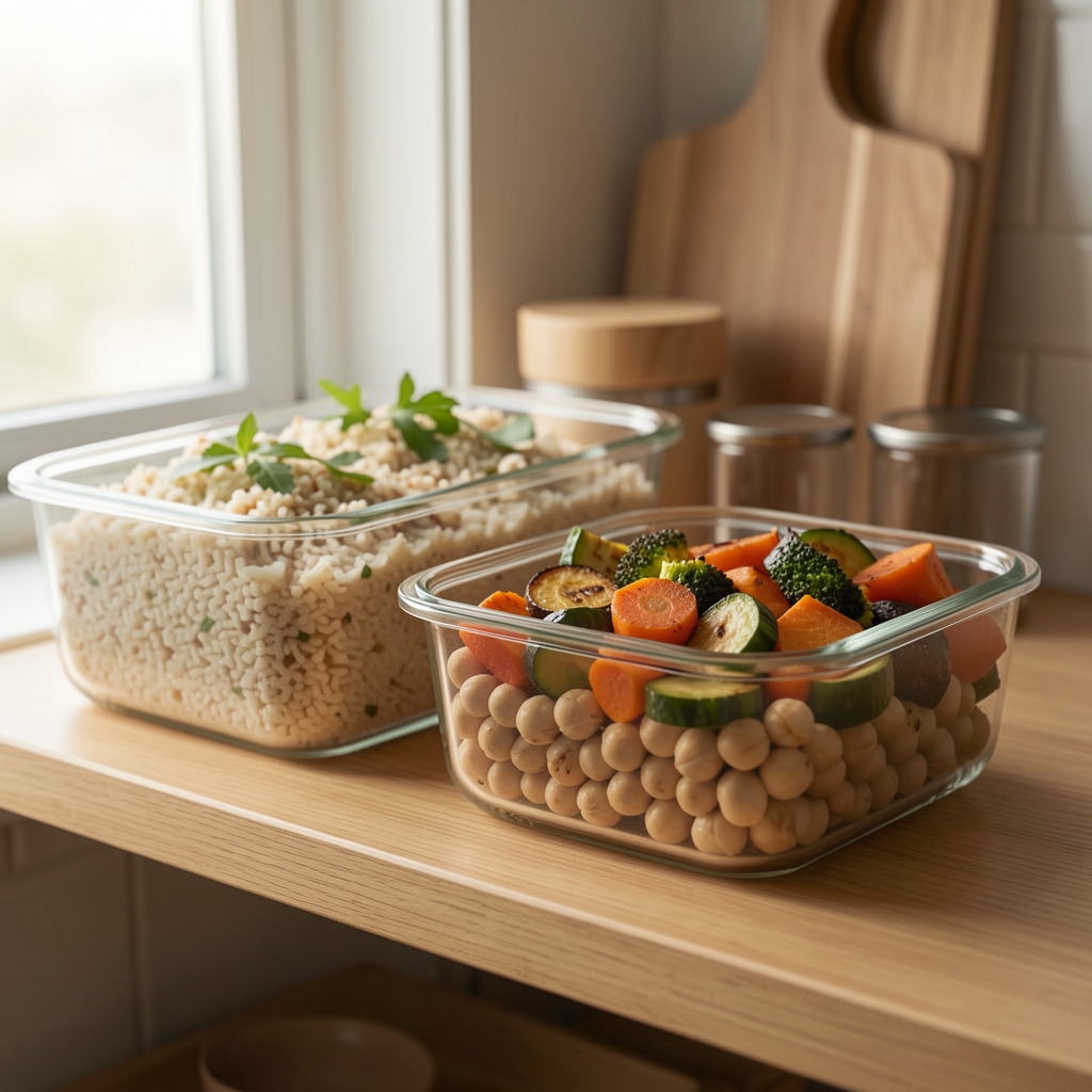 Glass food containers filled with cooked grains, roasted vegetables and chickpeas arranged on a kitchen shelf in soft morning light, meal prep for the working week