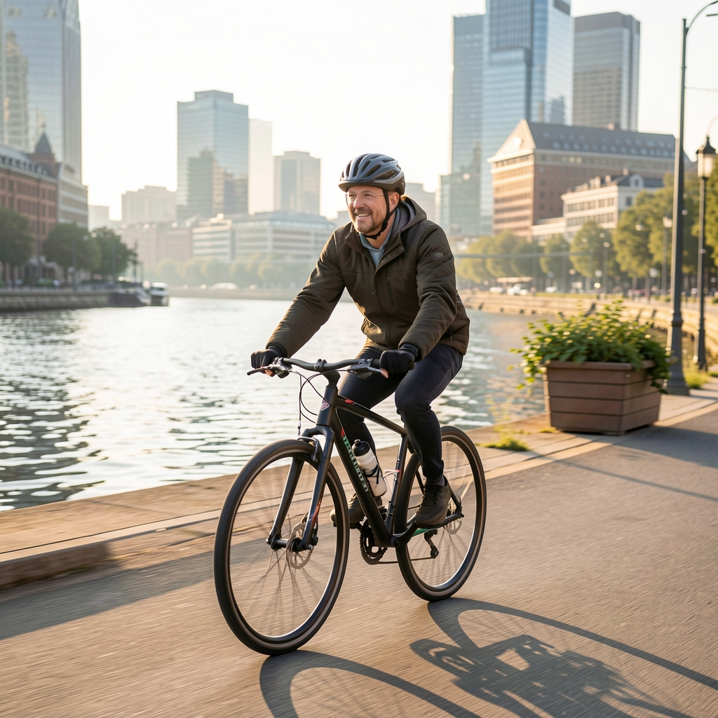 Person cycling along a riverside path in morning light, active urban lifestyle, motion blur suggesting steady pace