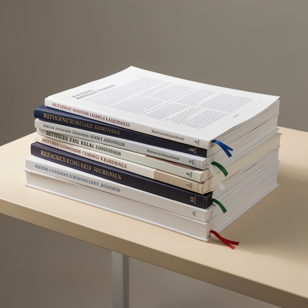 Stack of reference journals and printed research papers on a pale desk under studio lighting, bookmarked pages visible